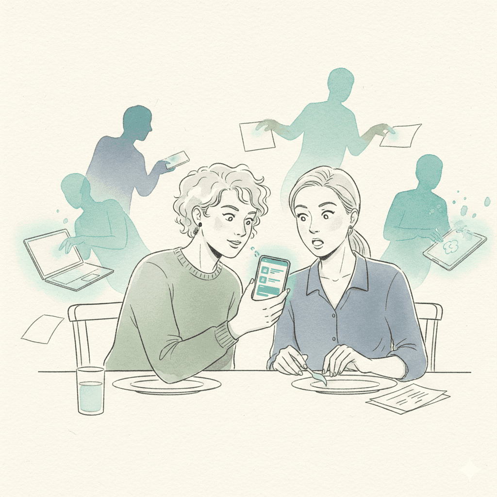 A dinner scene where a business owner reveals her entire team is AI — viral tweet story