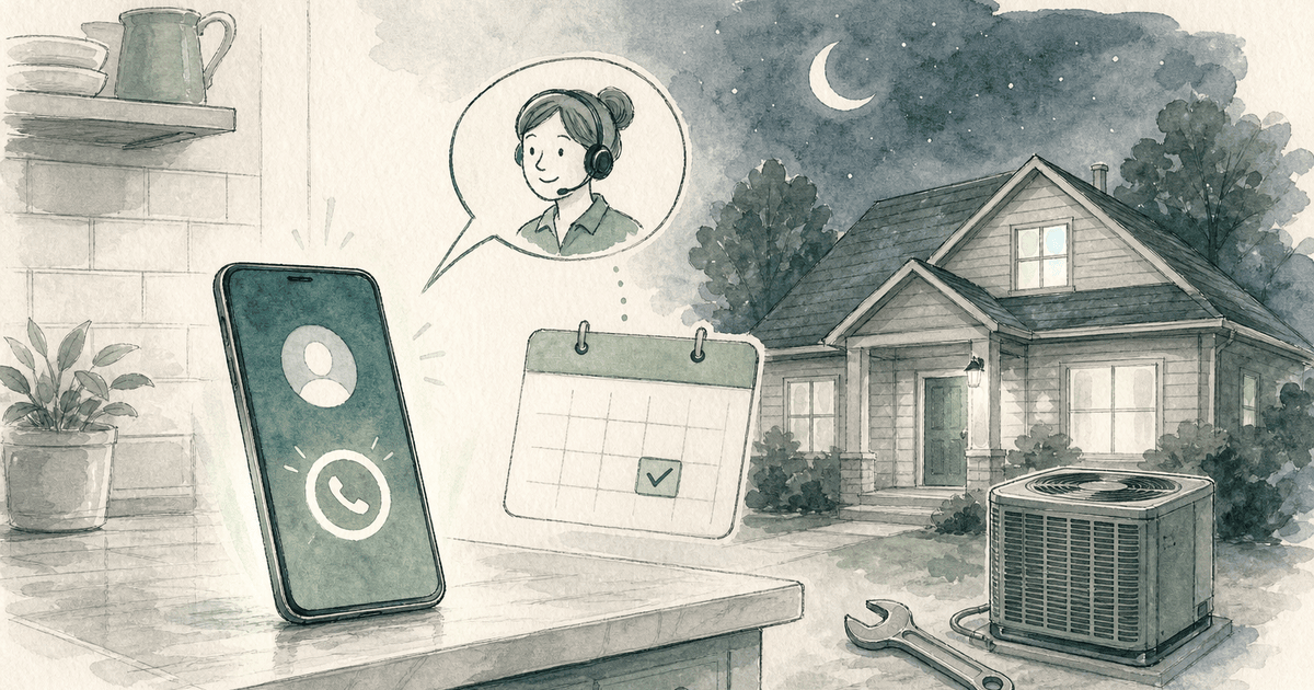 Watercolor illustration of a house at night with a smartphone on a kitchen counter answering an incoming call, a receptionist with a headset in a speech bubble, a calendar card with a booked slot, and an air conditioning unit with a wrench outside