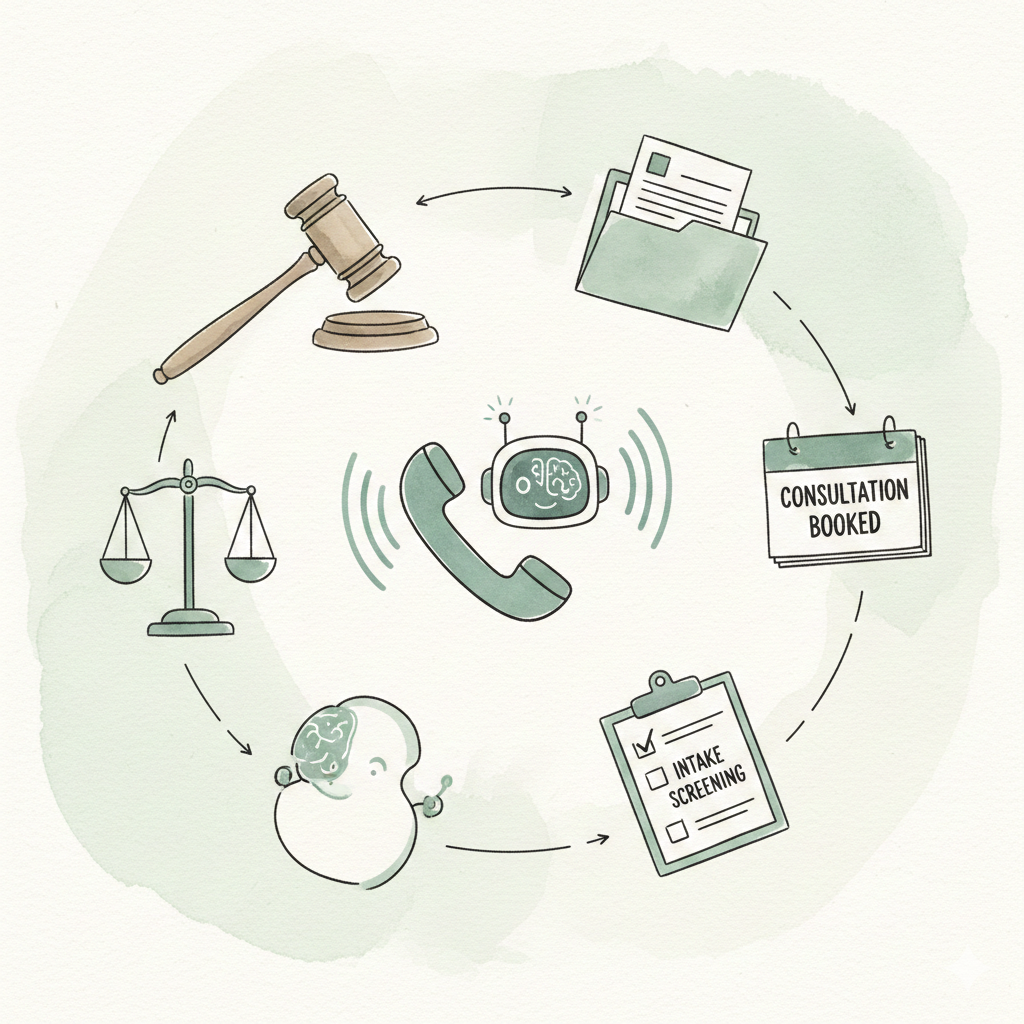 AI legal assistant handling law firm intake calls, screening cases, and booking consultations 24/7