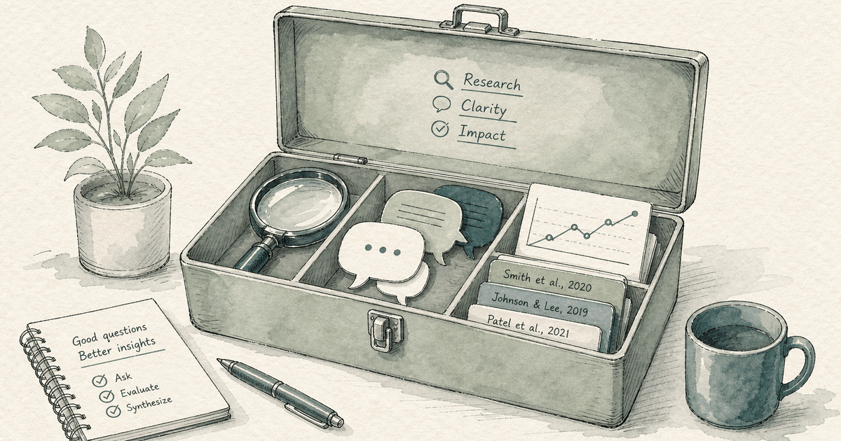 Watercolor illustration of an open toolbox holding a magnifying glass, speech bubbles, a line chart, and citation tags