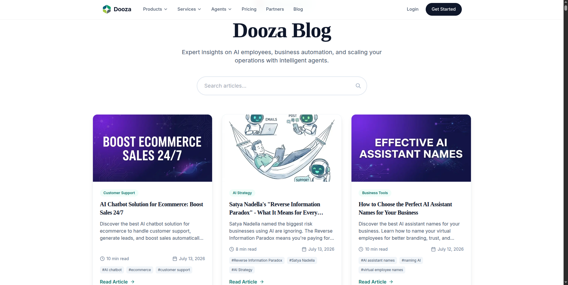 Dooza blog listing showing published posts generated by the automated SEO workflow
