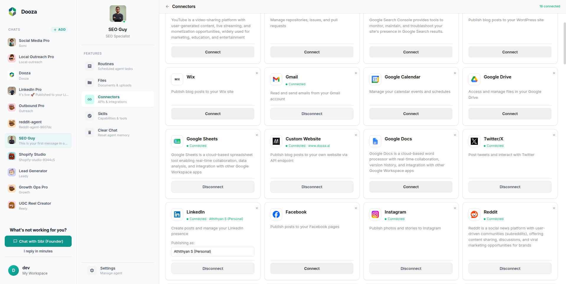 SEO Guy AI Employee in Dooza with 16 connected integrations including Google Search Console, Custom Website, Google Sheets, Twitter, LinkedIn, Reddit, and more