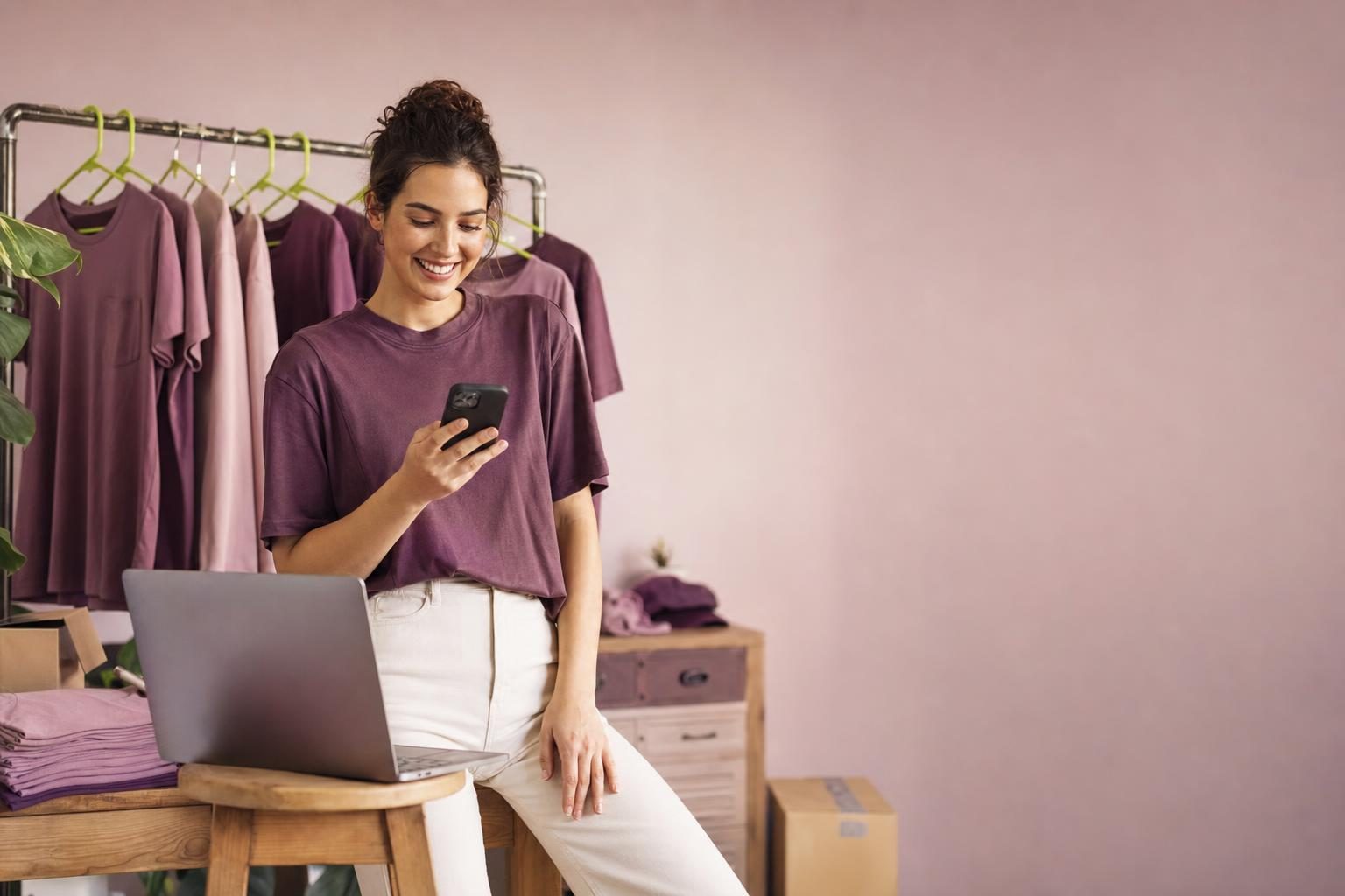 Online apparel store owner checking an order notification on a phone in a small studio